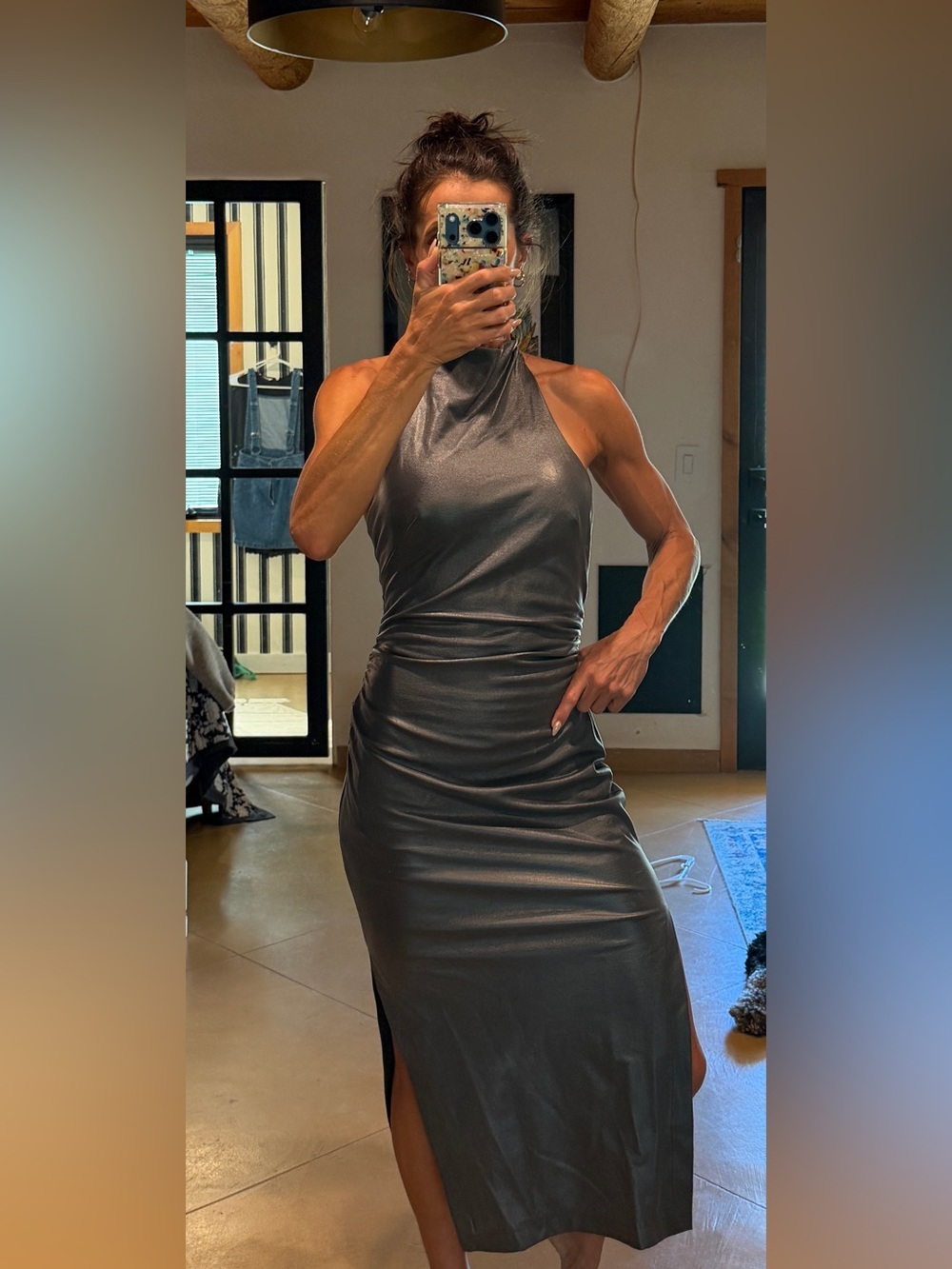 Anthropologie Backless Metallic Halter Maxi Dress - Charcoal